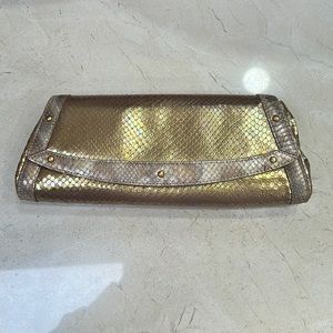 Cole Haan Reptile Embossed Clutch in Gold. Outside Rim Lighter Gold/ tan